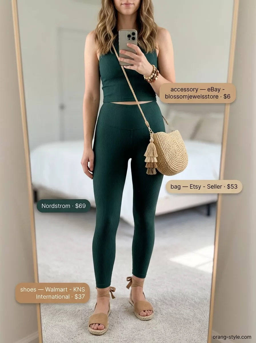 Bohemian Market Outfits 2026 Legging with oversized tee outfits summer for women 2026: Bohemian market look with ribbed leggings and linen tee.
