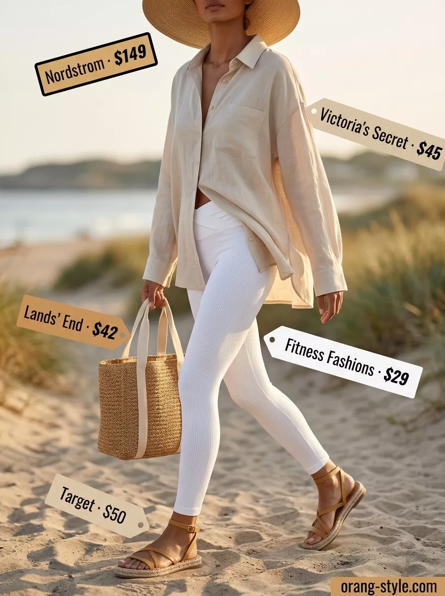 Coastal Outfits 2026 Legging with oversized tee outfits summer for women 2026: Coastal walk look with white leggings and beige linen shirt.