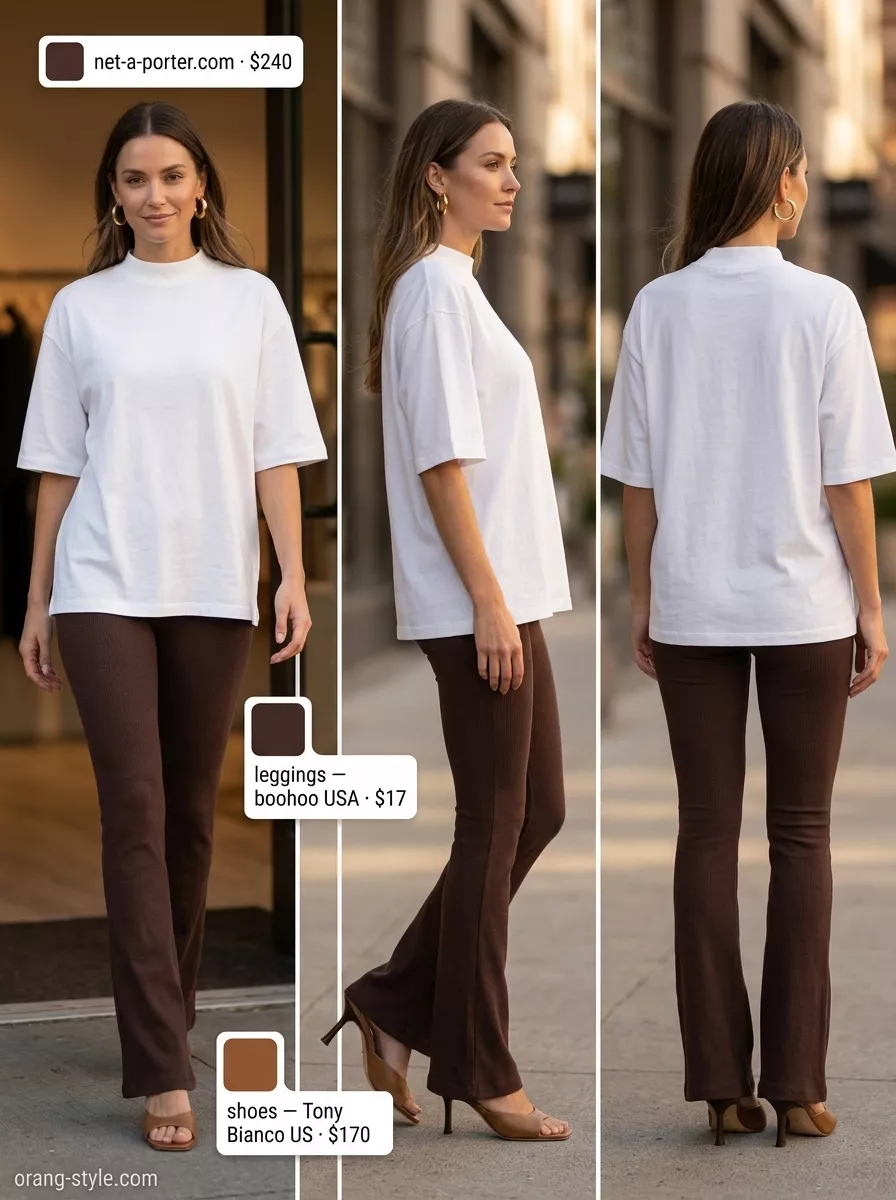 Elevated Casual Outfits 2026 Legging with oversized tee outfits summer for women 2026: Chic dinner look with ribbed flare leggings and cream top.
