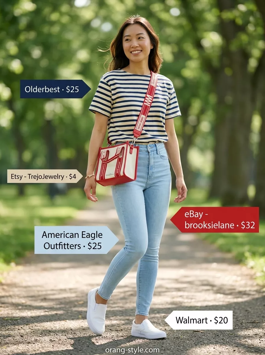 Legging with oversized tee outfits summer for women 2026: Nautical park picnic look with striped tee, denim leggings, and red bag.