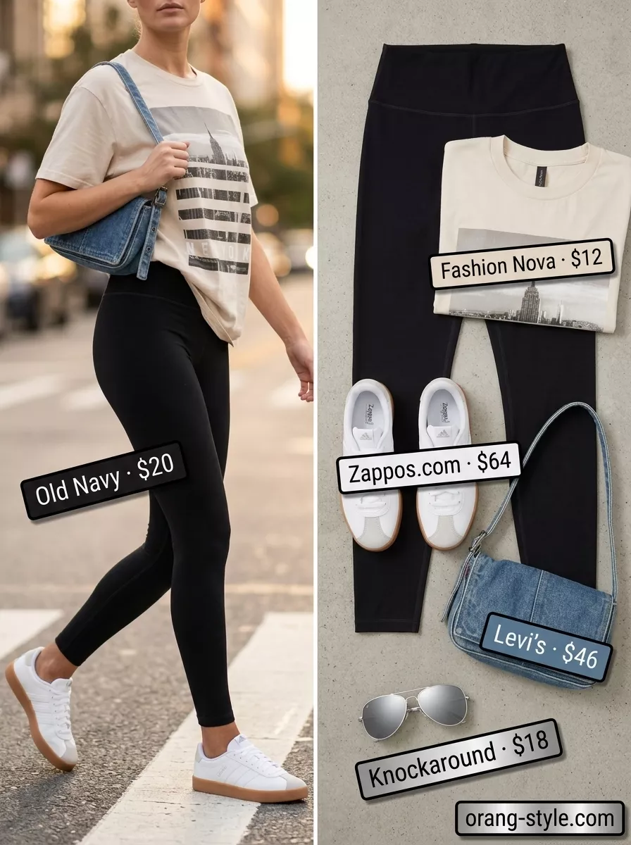 Urban Edge Outfits 2026 Legging with oversized tee outfits summer for women 2026: Urban edge look with graphic tee and black leggings.