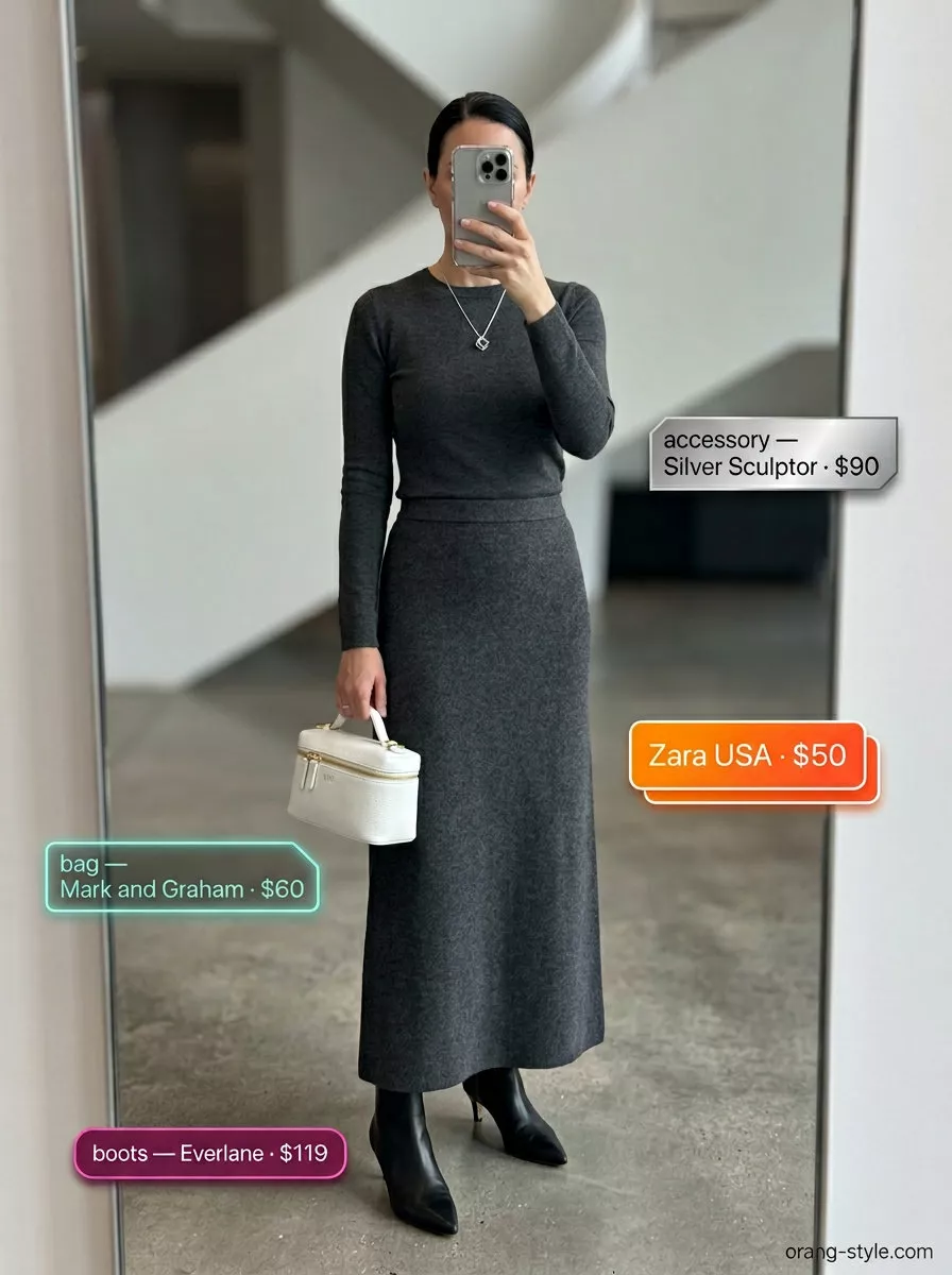 Lightweight summer office outfits for women 2026: Charcoal grey knit midi skirt set with ankle boots for a modern look.