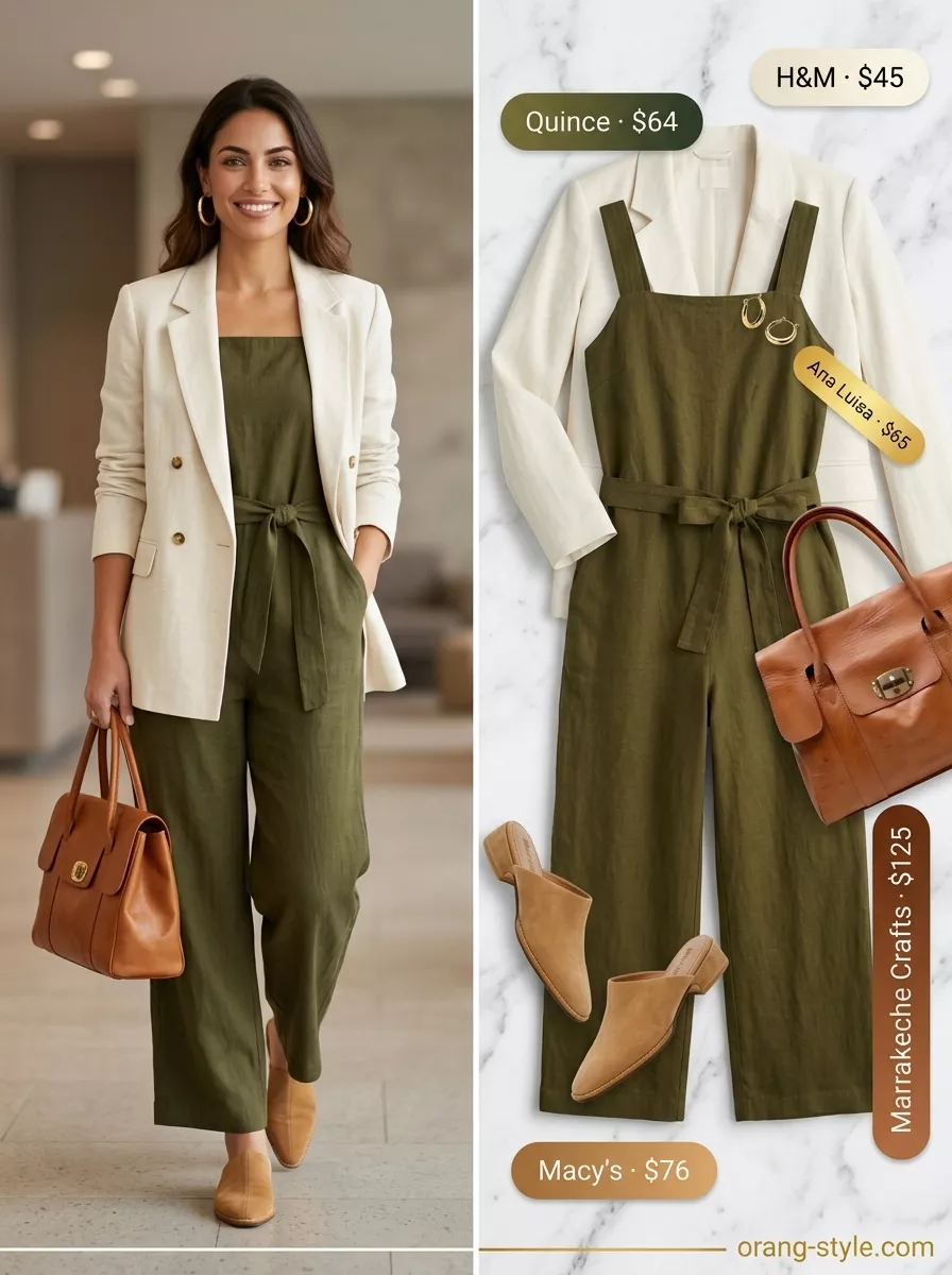 Lightweight summer office outfits for women 2026: Olive green wide-leg jumpsuit, ivory blazer, and block heels for an effortless look.