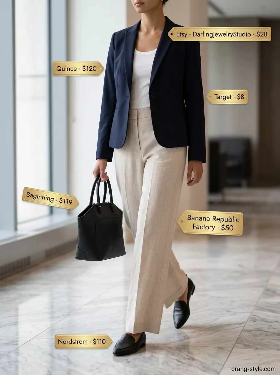 Lightweight summer office outfits for women 2026: Light beige wide-leg pants, white knit top, and navy blazer for a polished look.