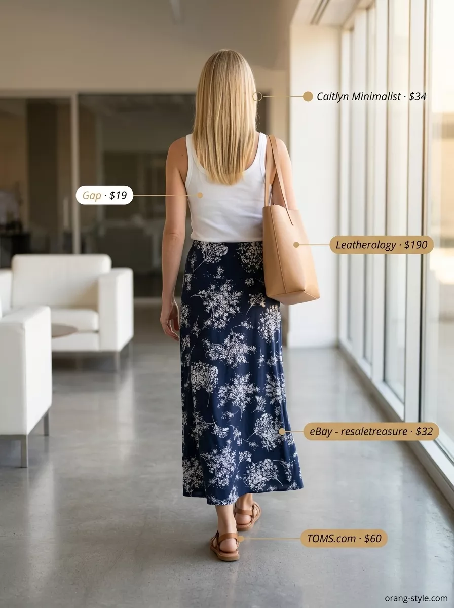 Lightweight summer office outfits for women 2026: Navy floral maxi skirt, white tank top, tan sandals, tan tote.