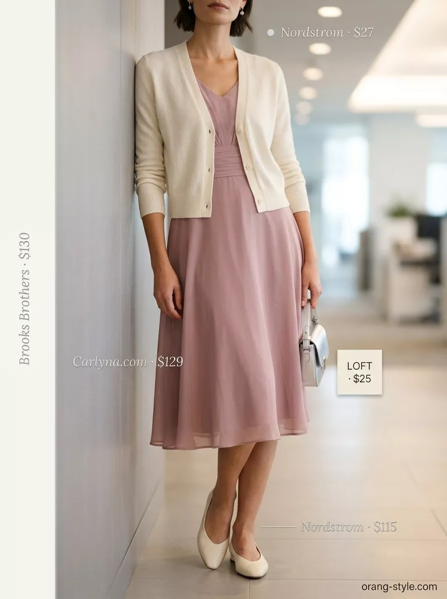 Lightweight summer office outfits for women 2026: Dusty rose midi dress, cream cardigan, and ballet flats for an elegant look.