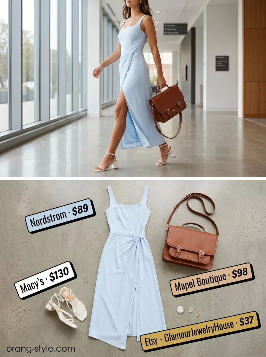 Lightweight summer office outfits for women 2026: Powder blue midi dress, white block heels, structured tan satchel.