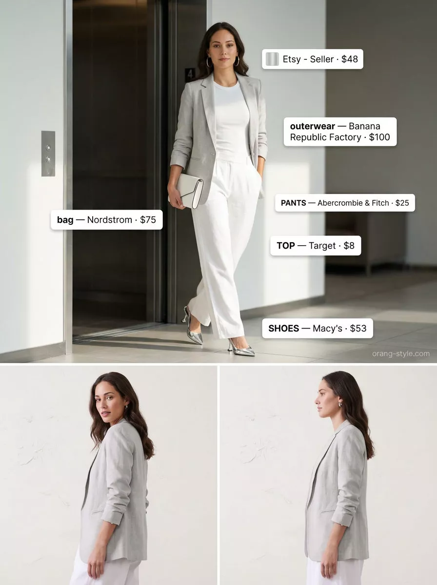Lightweight summer office outfits for women 2026: White trousers, white knit top, light grey blazer, metallic heels.