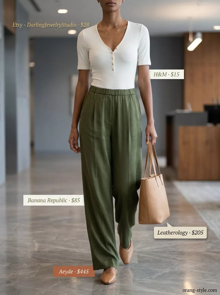 Lightweight summer office outfits for women 2026: Olive green wide-leg pants, cream knit top, and flats for a chic look.