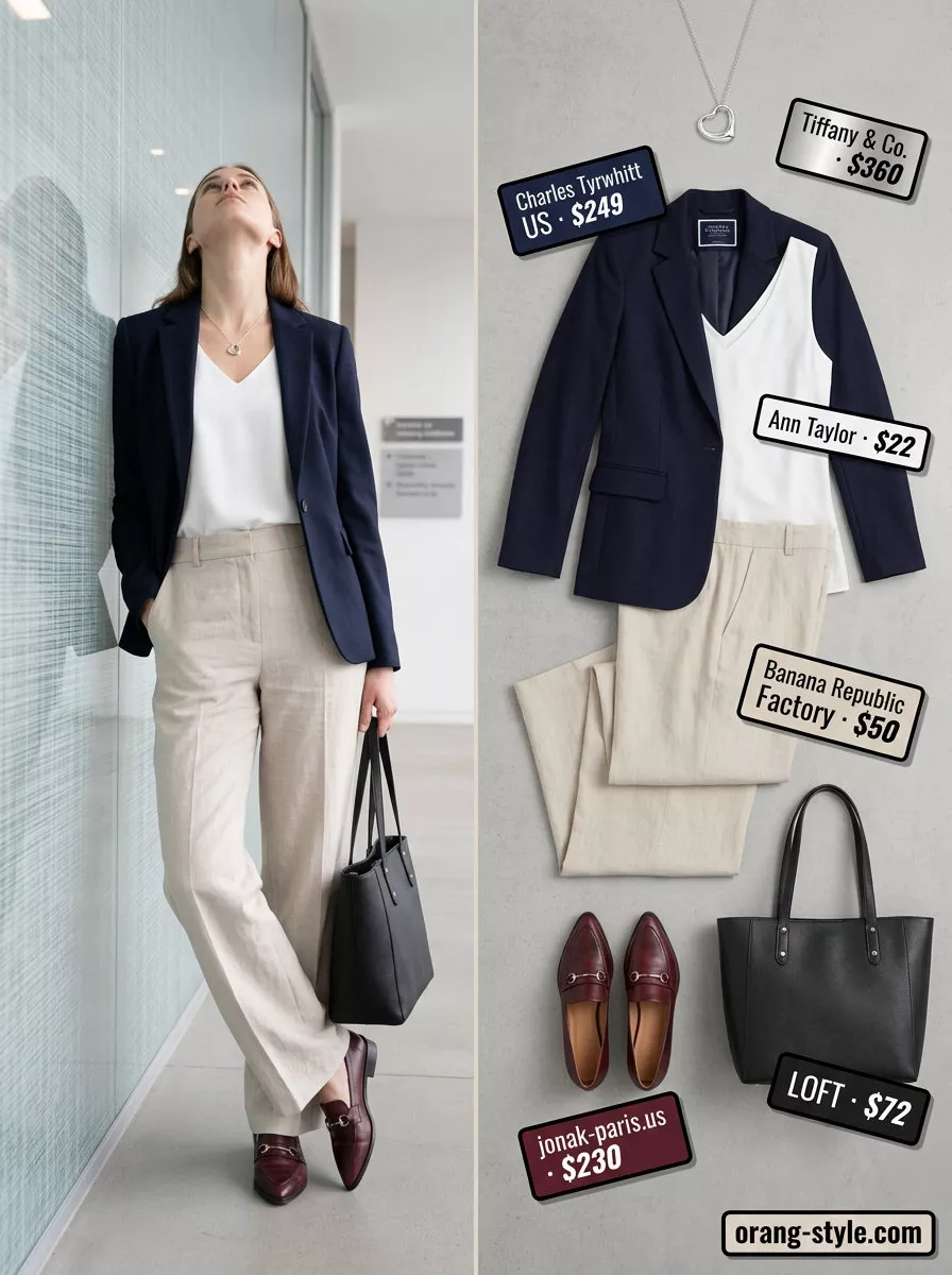 Lightweight summer office outfits for women 2026: Light beige trousers, white shell top, navy blazer, black loafers.