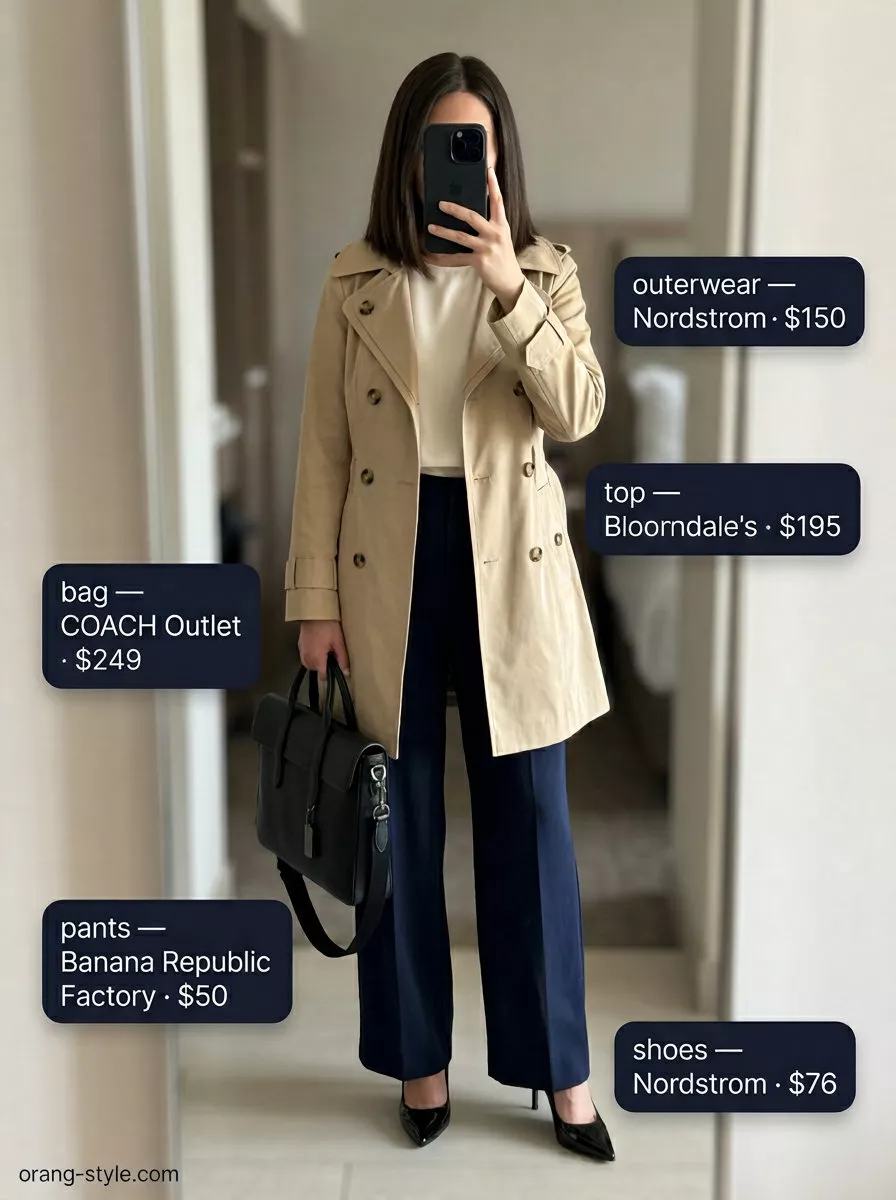 Lightweight summer office outfits for women 2026: Cream blouse, navy wide-leg trousers, and trench coat for a chic power suit.