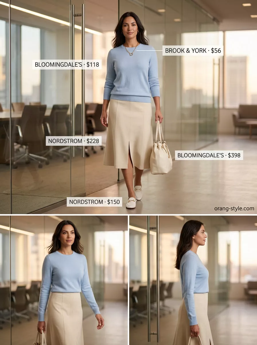 Lightweight summer office outfits for women 2026: Beige A-line skirt, light blue sweater, white loafers for Casual Friday.
