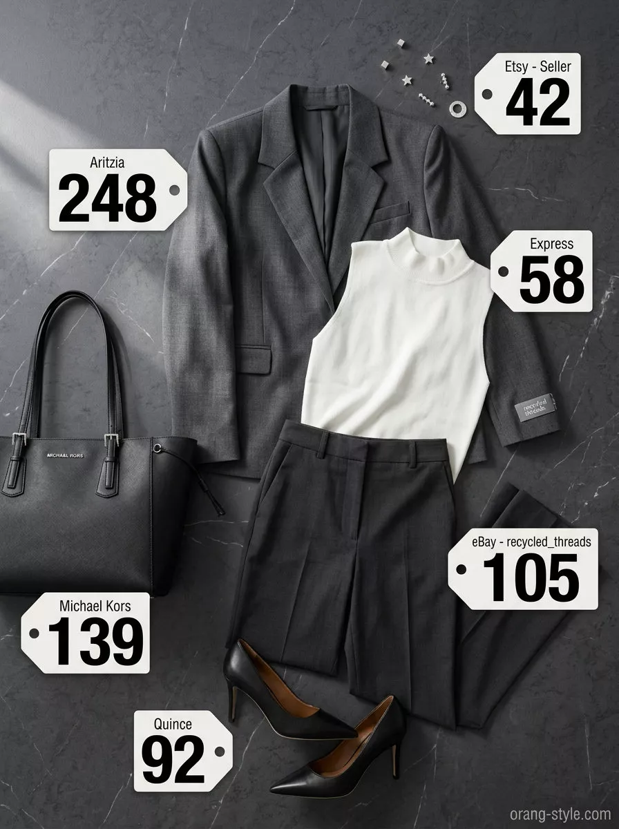 Lightweight summer office outfits for women 2026: Charcoal blazer, white top, grey trousers for a confident office look.