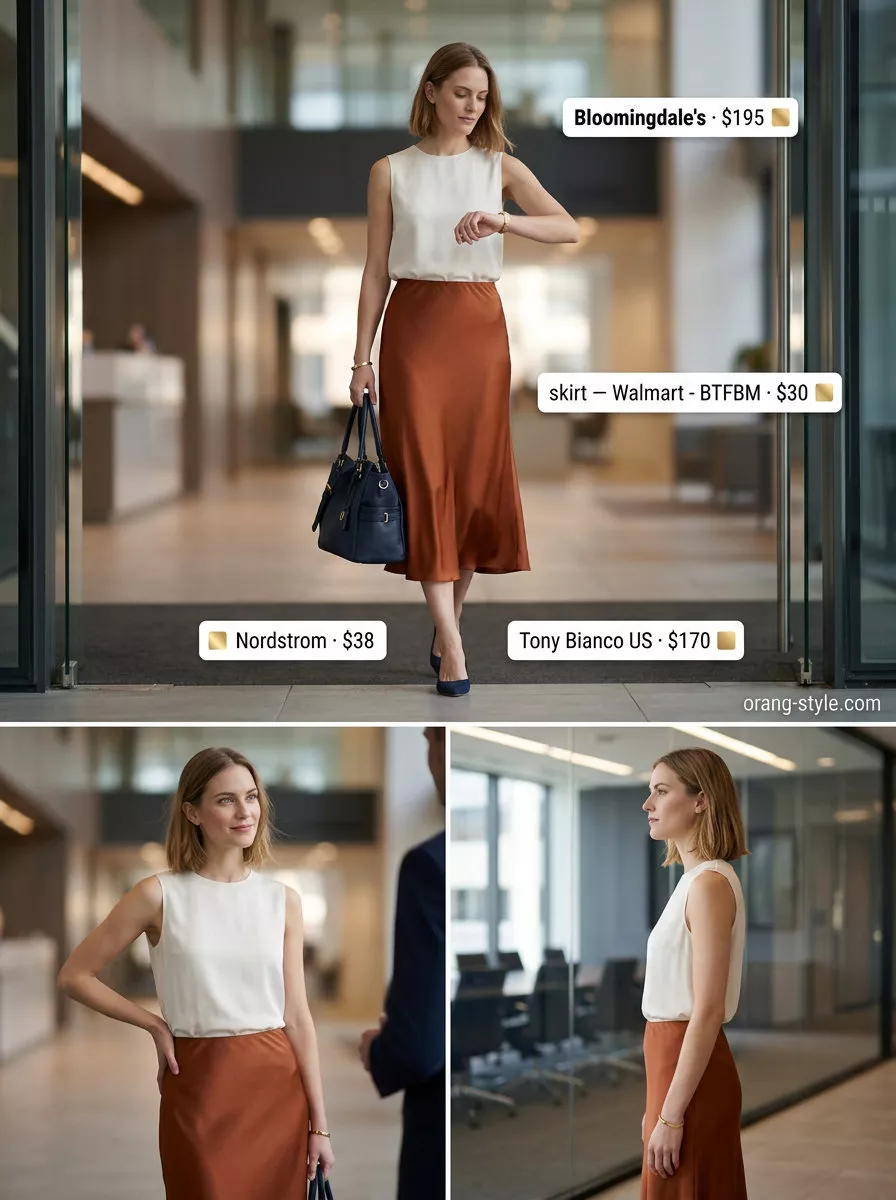 Lightweight summer office outfits for women 2026: Coral midi skirt, ivory top, navy cardigan for an elegant office look.