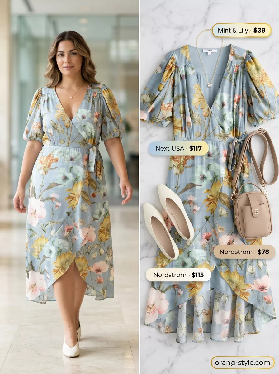 Lightweight summer office outfits for women 2026: Pastel blue floral dress, ballet flats for a summer office event.