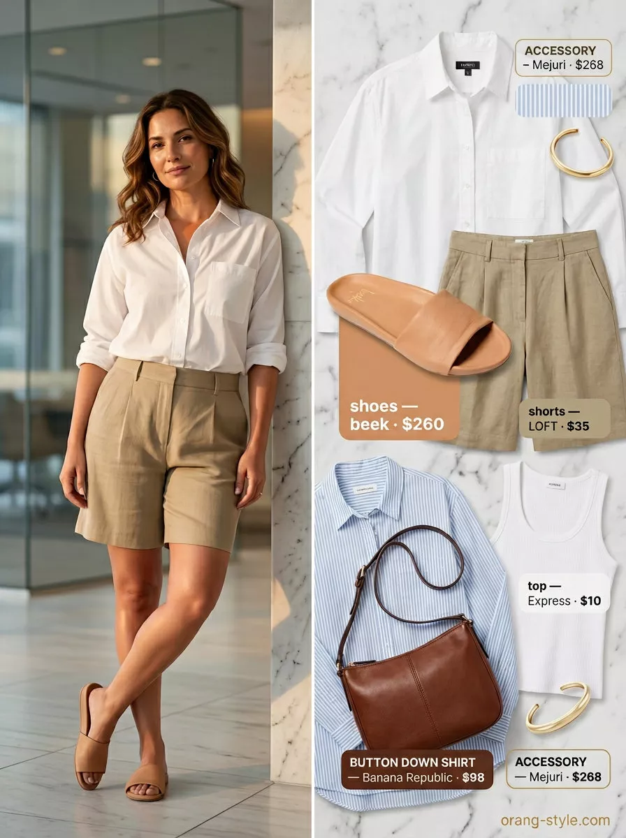Lightweight summer office outfits for women 2026: Khaki shorts, white shirt, tank top, slides for a relaxed office.