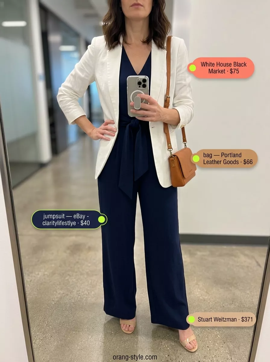 Lightweight summer office outfits for women 2026: Navy jumpsuit, white blazer, heeled sandals for a modern office look.