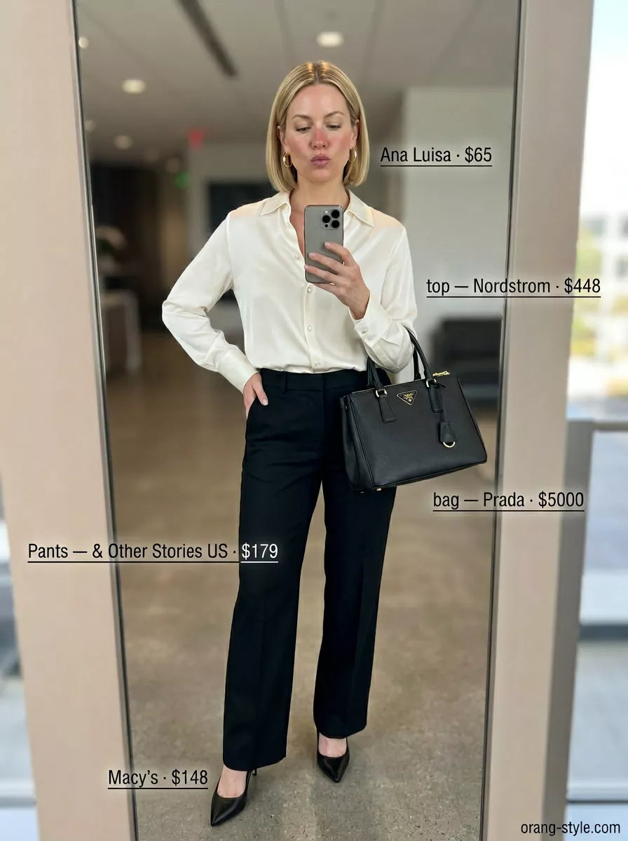 Lightweight summer office outfits for women 2026: Black trousers, ivory silk blouse, pumps for business formal.