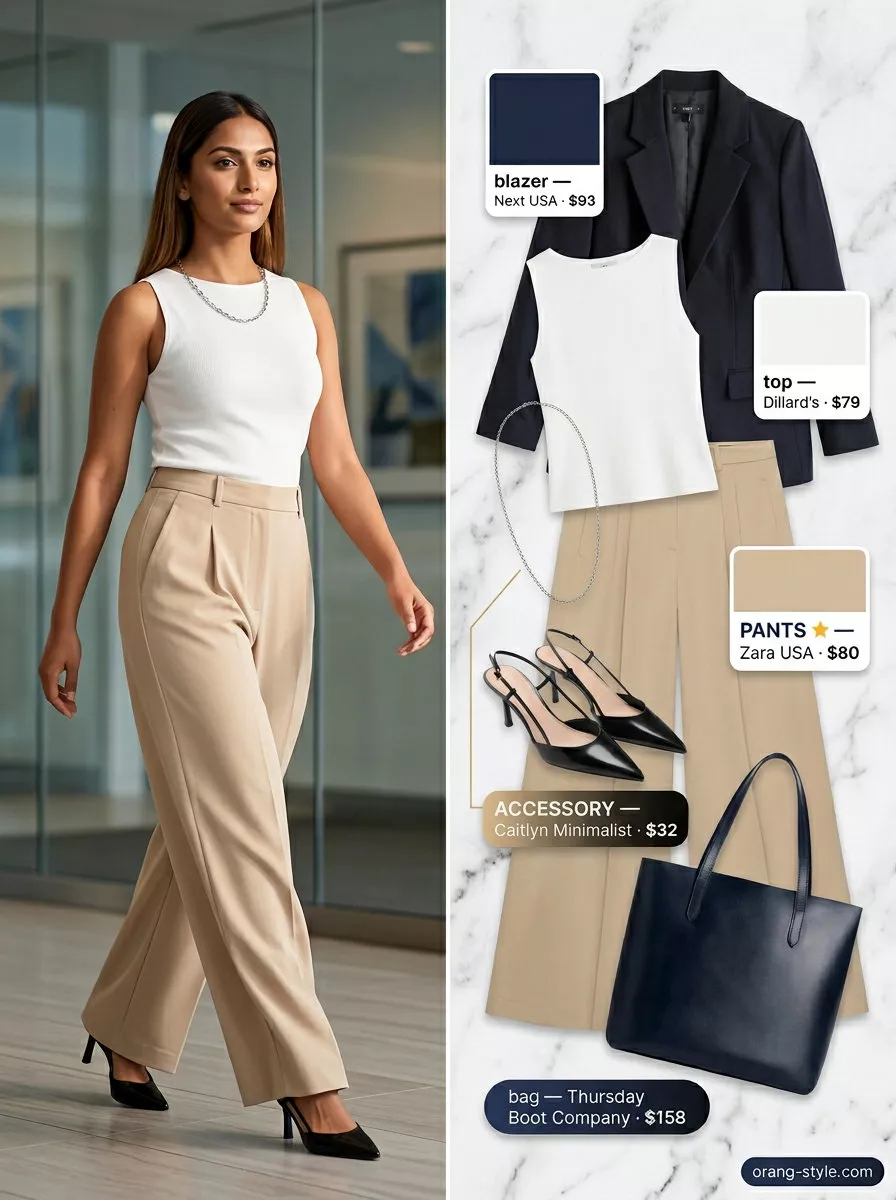 Lightweight summer office outfits for women 2026: Light beige wide-leg pants, white knit top, navy blazer for a chic commute.