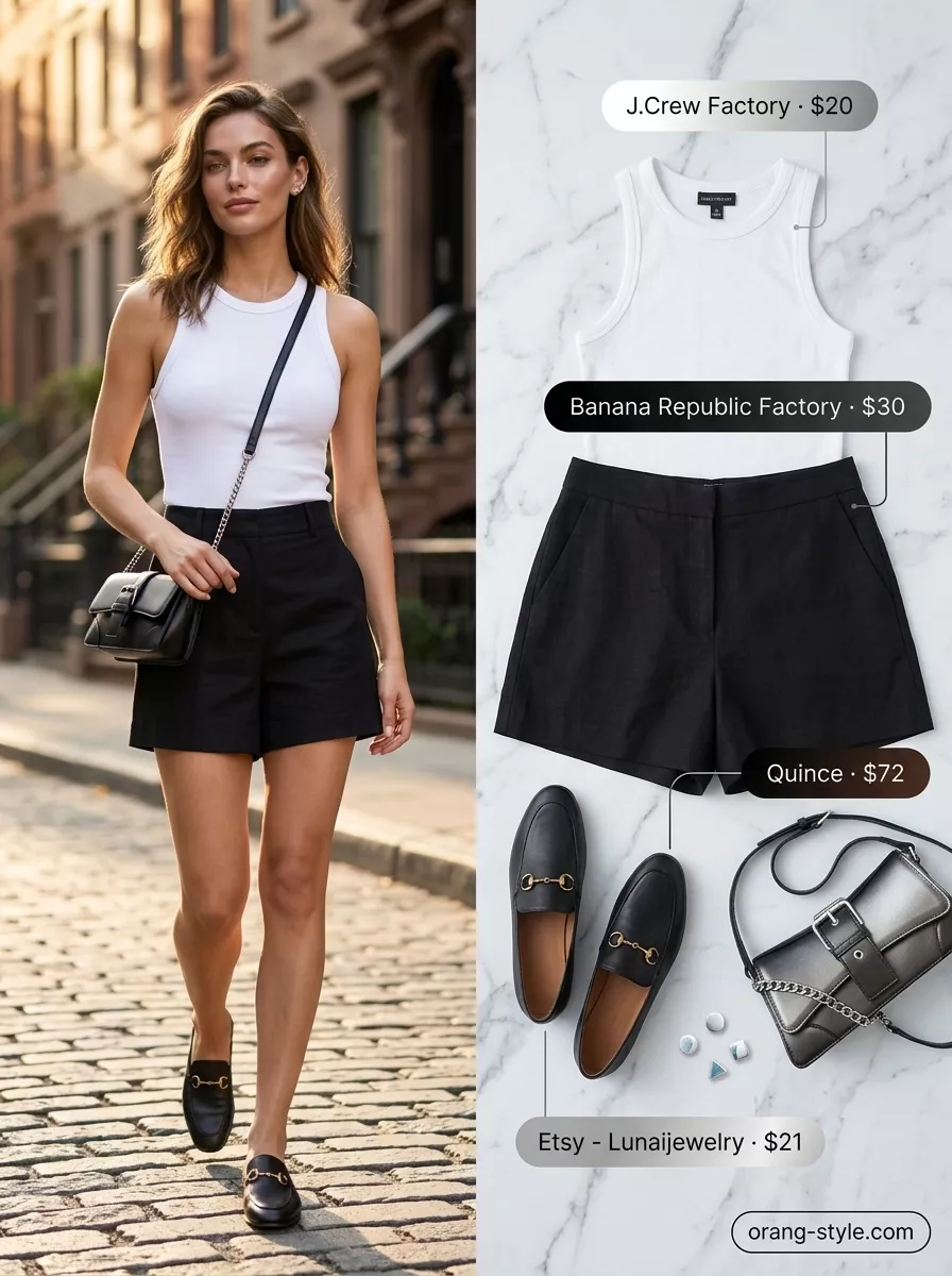 Black linen shorts with a white knit top for a chic city summer look. Linen short outfits summer for women 2026.
