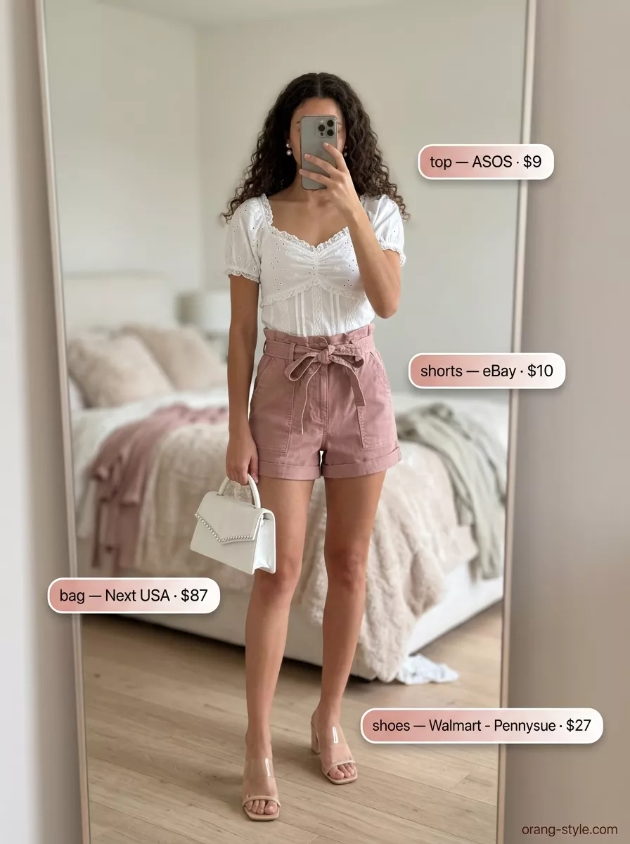Blush pink linen shorts with an eyelet lace top for a garden party. Linen short outfits summer for women 2026.