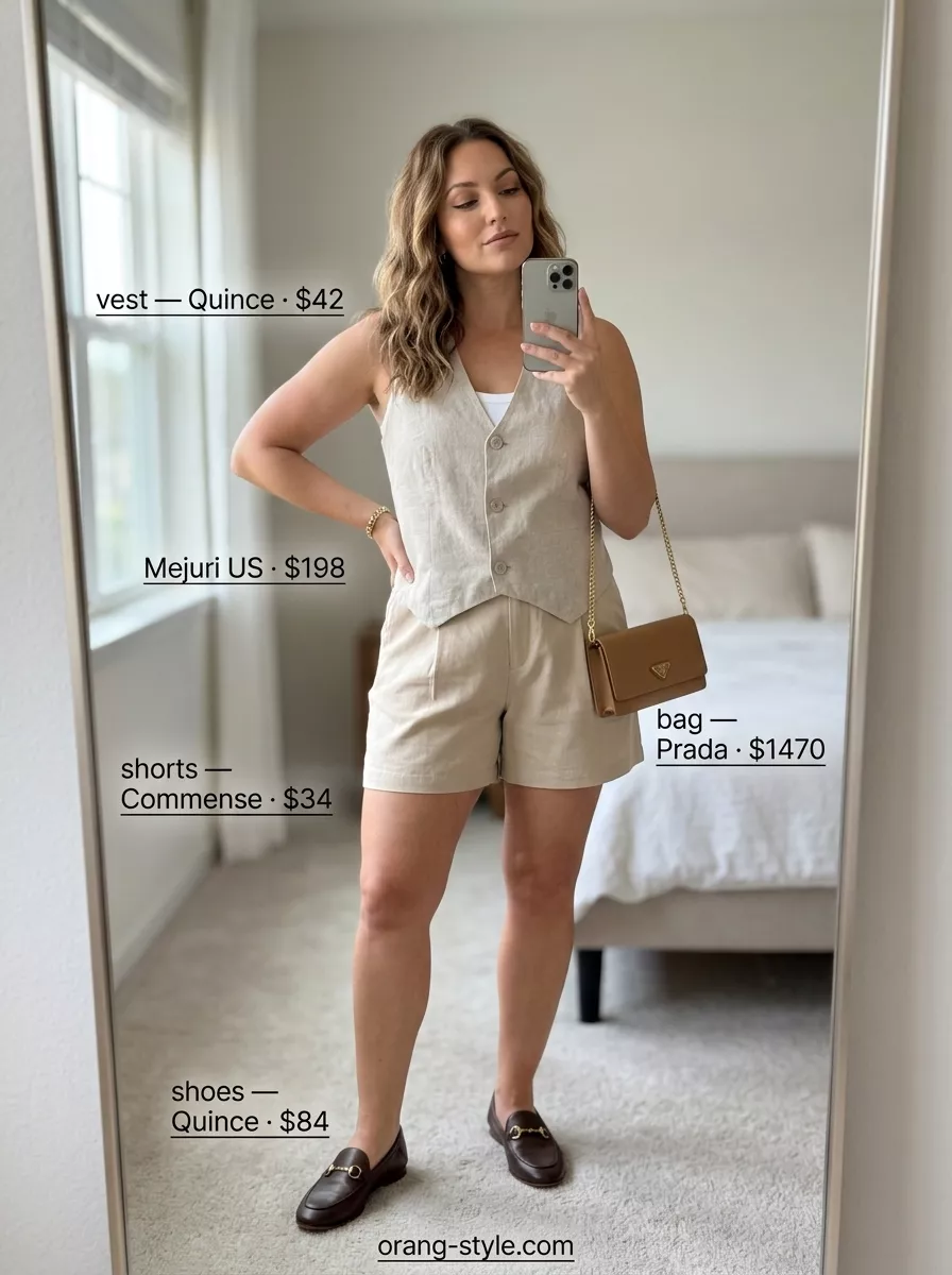 Elegant linen short outfits summer for women 2026: beige shorts, linen vest, crossbody bag, leather loafers.