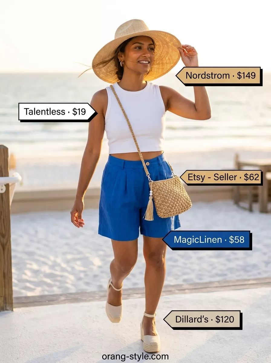 Vibrant cobalt blue linen shorts outfit for women summer 2026, perfect for resort wear & beach clubs. Includes straw hat & espadrilles.
