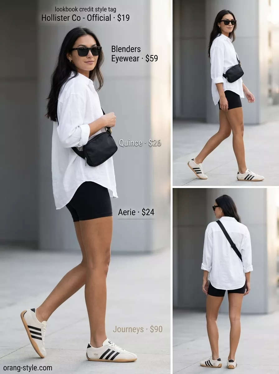 Long inseam tall women summer outfits 2026: Black biker shorts, oversized shirt for elevated athleisure.