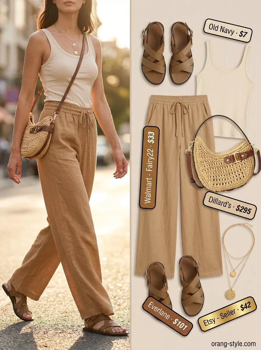 Long inseam tall women summer outfits 2026: Camel linen pants, cream tank, straw bag, gold necklaces for brunch.