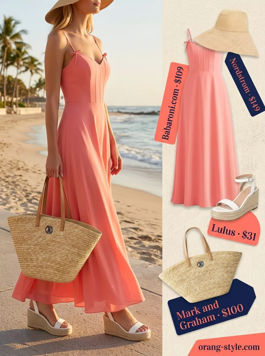 Vibrant coral maxi dress for long inseam tall women summer outfits 2026. Beach vacation & party look.