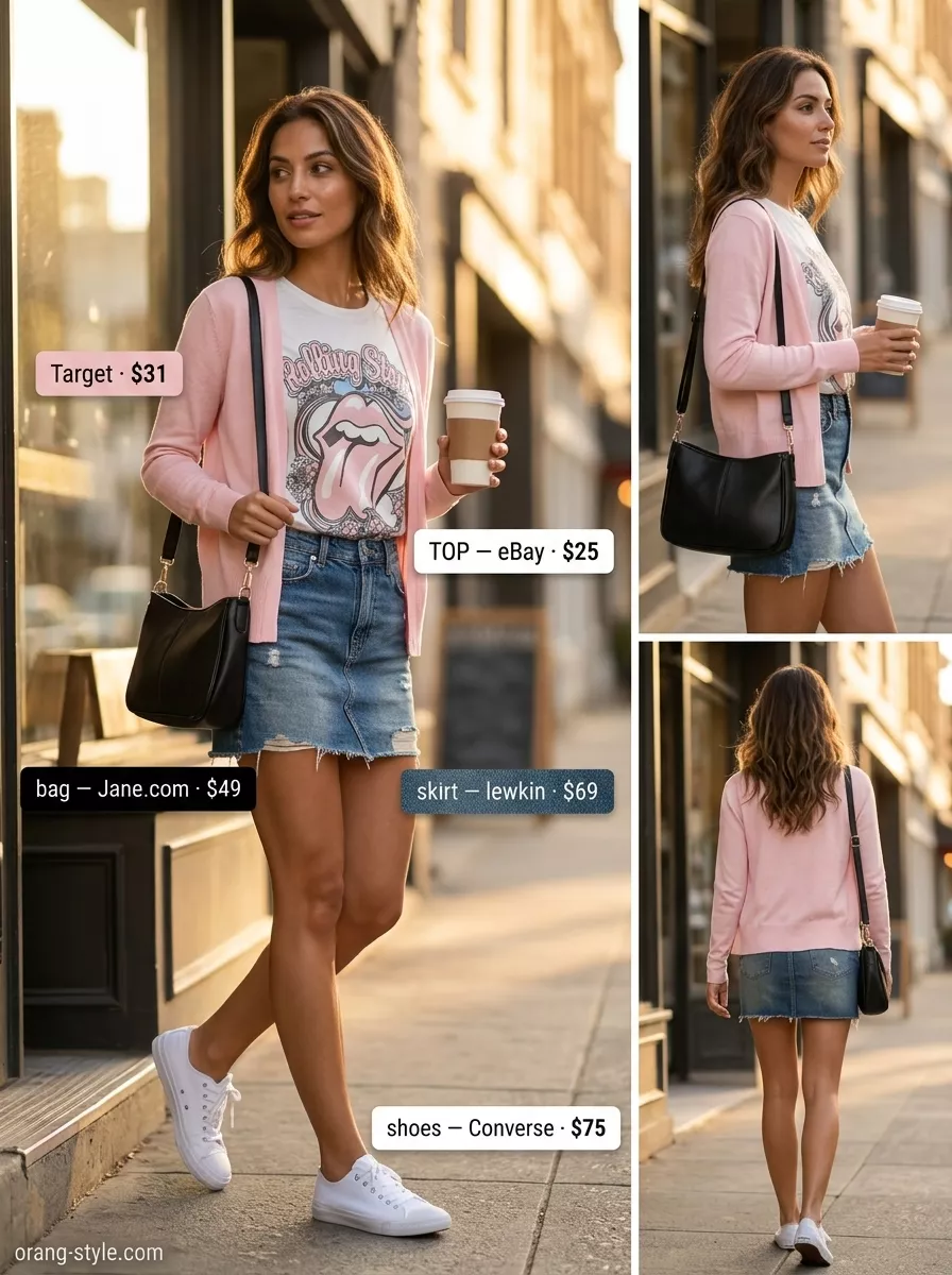 Long inseam tall women summer outfits 2026: Denim mini skirt, graphic tee, pink cardigan for casual cool.