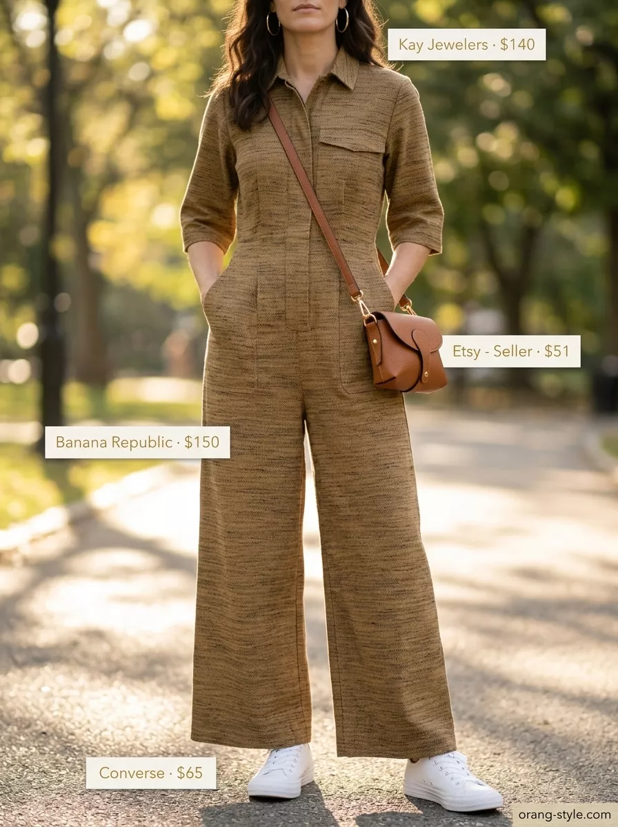 Long inseam tall women summer outfits 2026: Khaki utility jumpsuit, white sneakers, crossbody bag for travel.