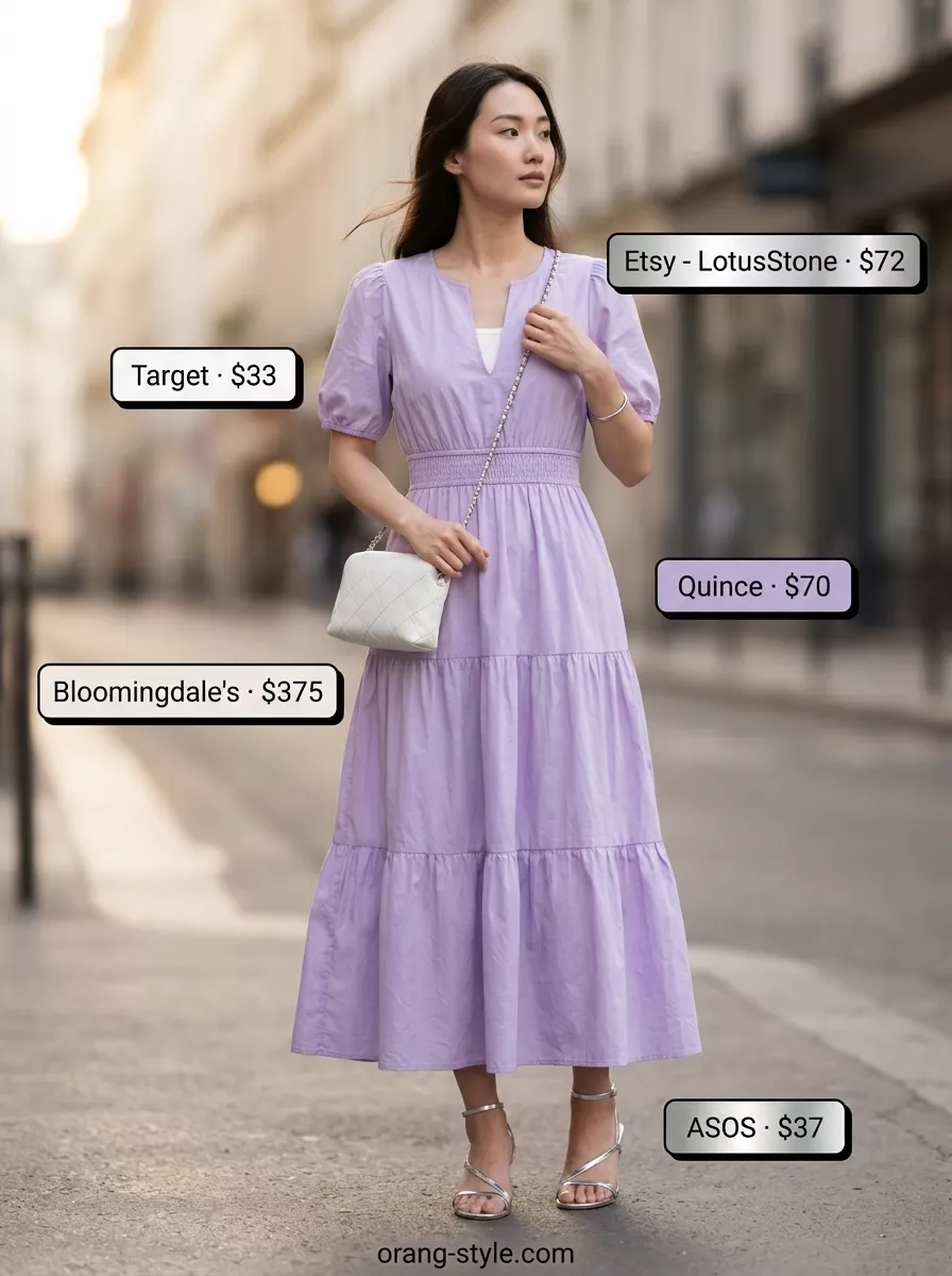 Long inseam tall women summer outfits 2026: Lavender maxi skirt, white knit top, silver sandals for evening.