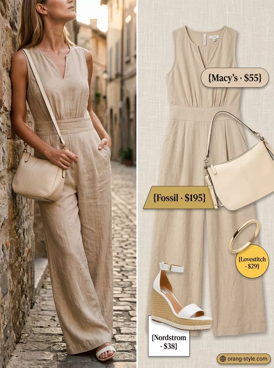 Long inseam tall women summer outfits 2026: Beige linen jumpsuit, white crossbody bag, espadrille wedges for resort wear.