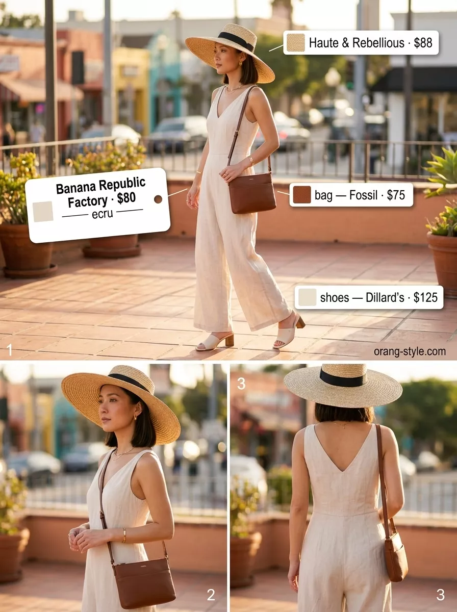 Long inseam tall women summer outfits 2026: Beige linen jumpsuit, cream slides, straw hat for sophisticated daytime events.