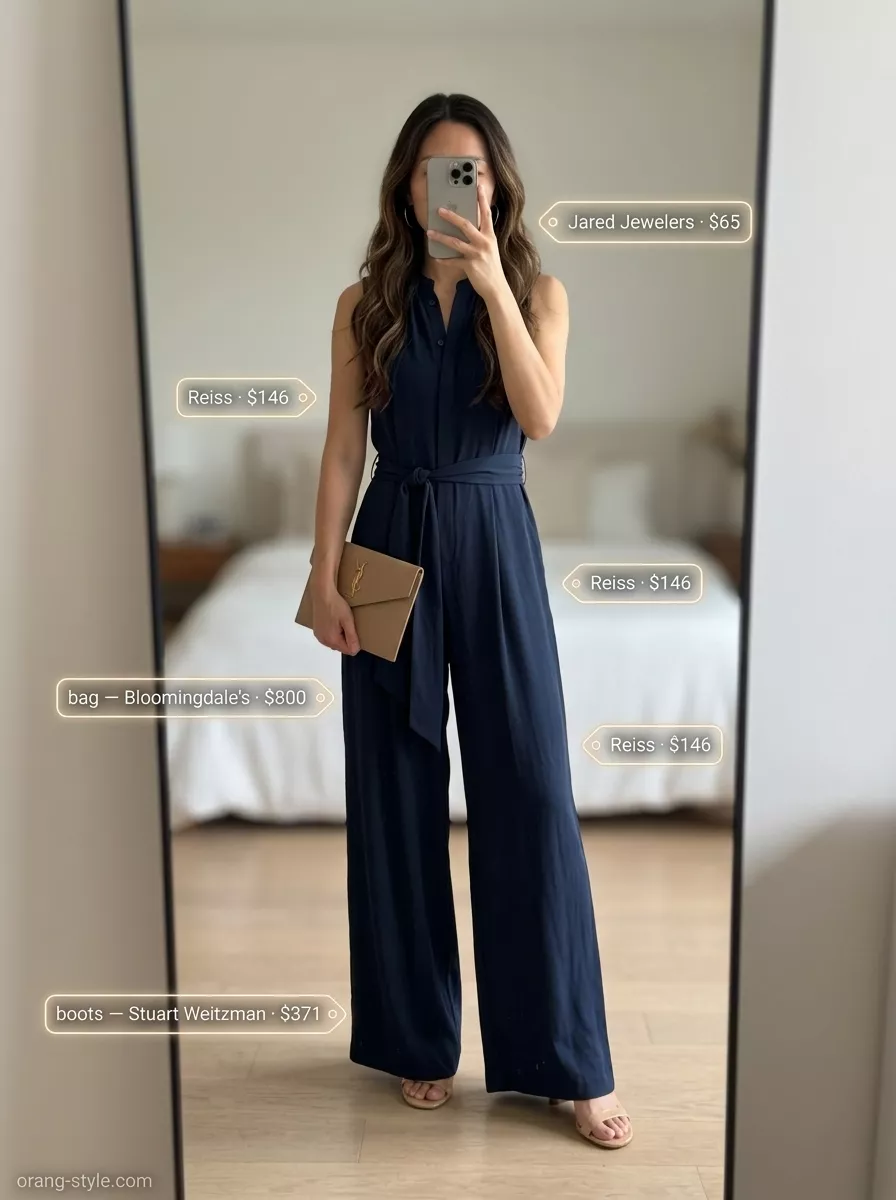 Long inseam tall women summer outfits 2026: Navy wide-leg jumpsuit, tan heels, clutch for summer dinner.