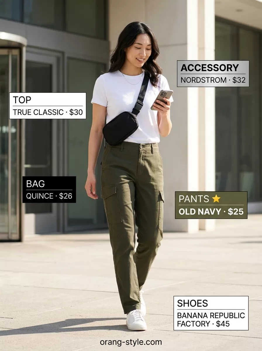 Long inseam tall women summer outfits 2026: Olive cargo pants, white tee, belt bag, sneakers for casual errands.
