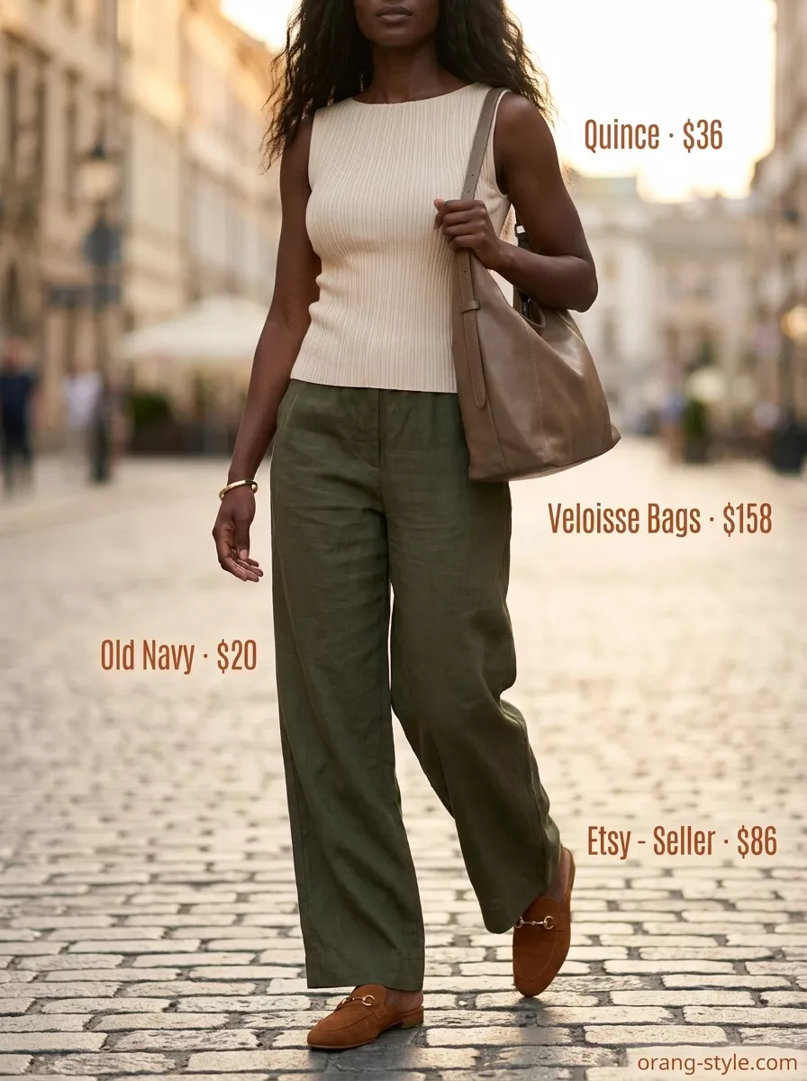 Olive green wide-leg pants for long inseam tall women summer outfits 2026. City exploration & brunch.