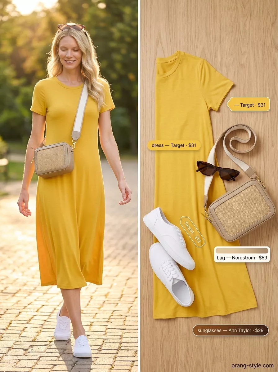 Long inseam tall women summer outfits 2026: Yellow shift dress, white sneakers for joyful daytime casual.