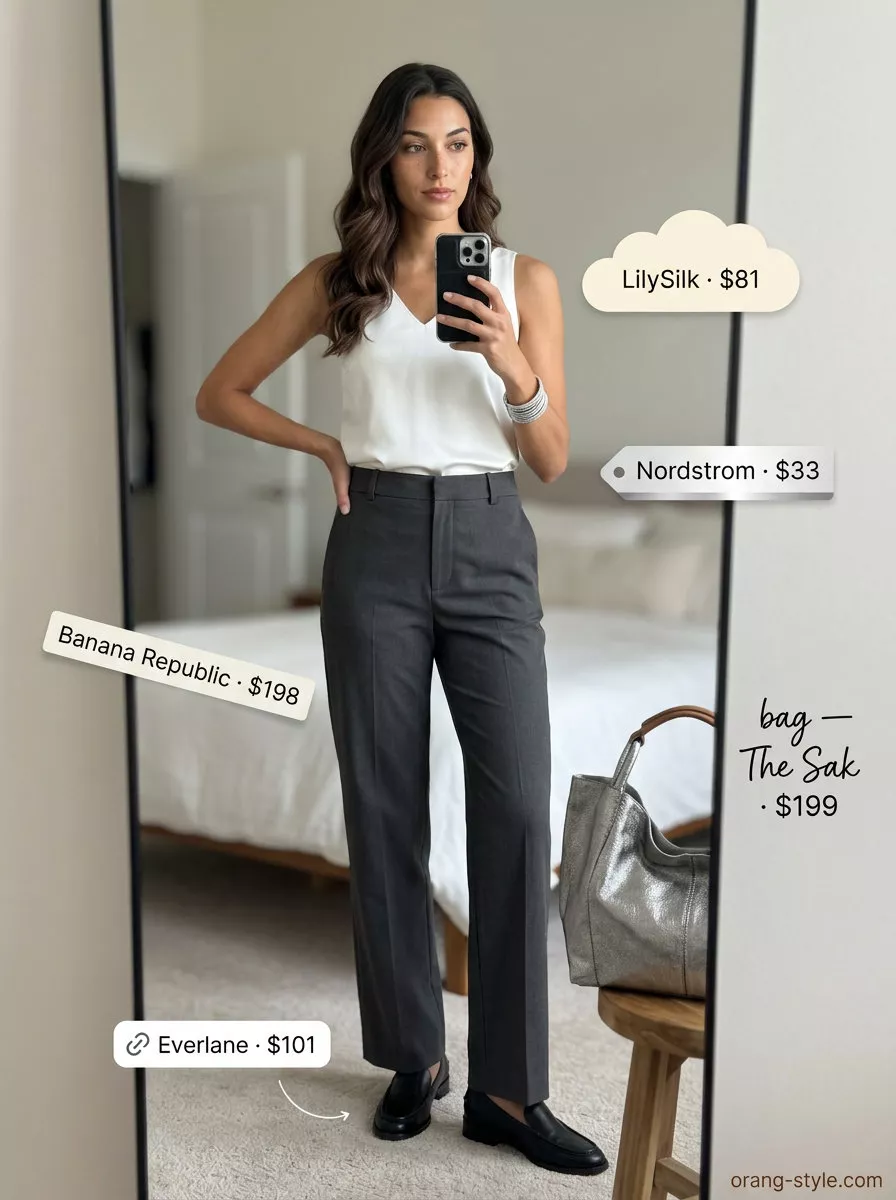 Long inseam tall women summer outfits 2026: Charcoal trousers, white silk blouse for sophisticated evening.