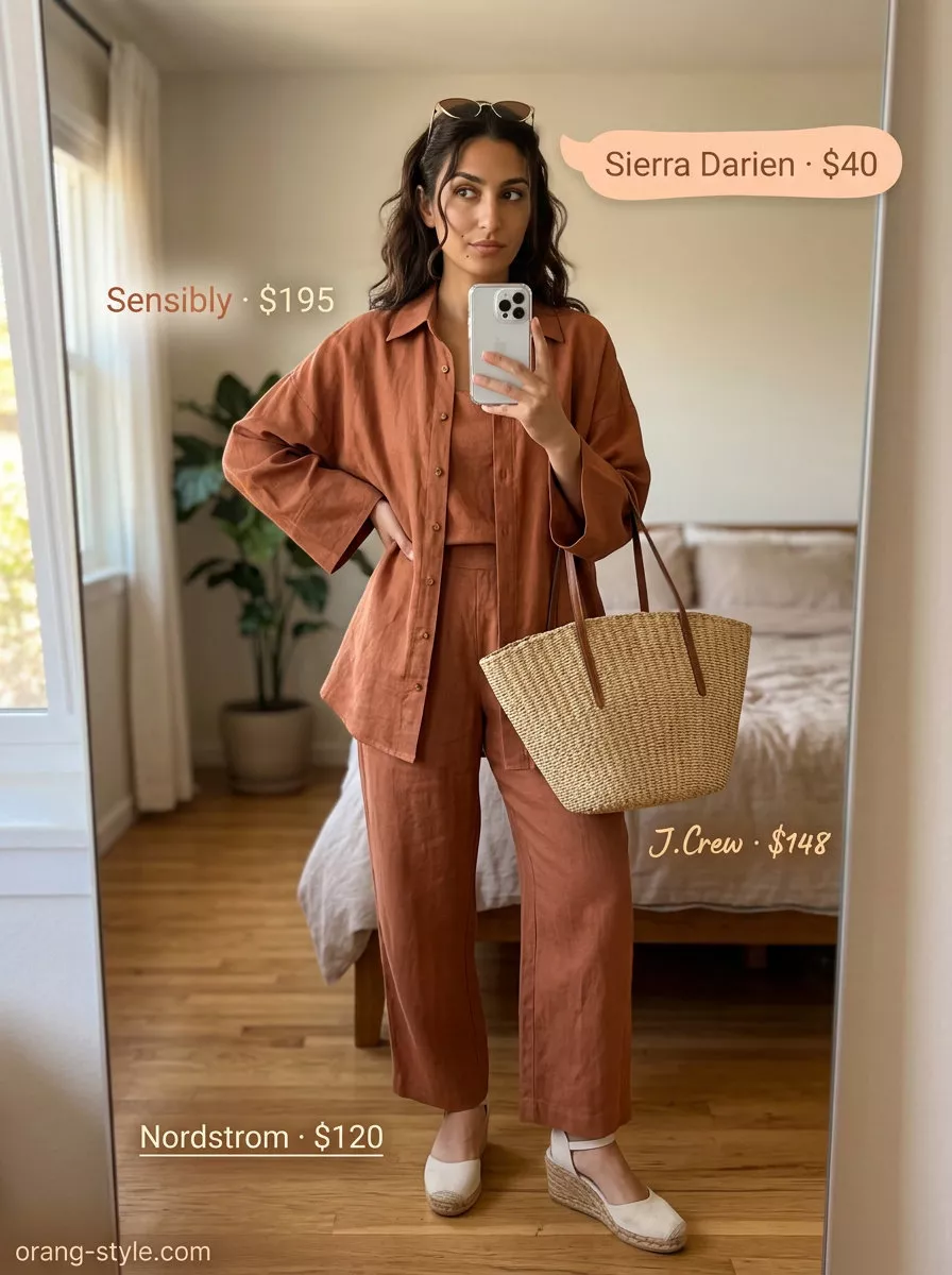 Long inseam tall women summer outfits 2026: Terracotta linen set, straw tote, espadrilles for weekend brunch.
