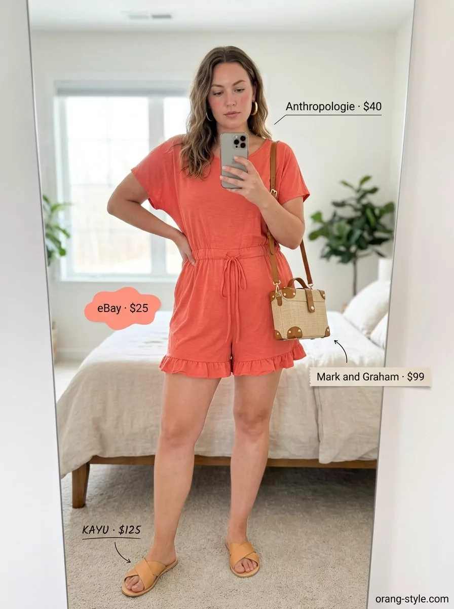 Long inseam tall women summer outfits 2026: Coral romper, raffia bag for vacation casual style.