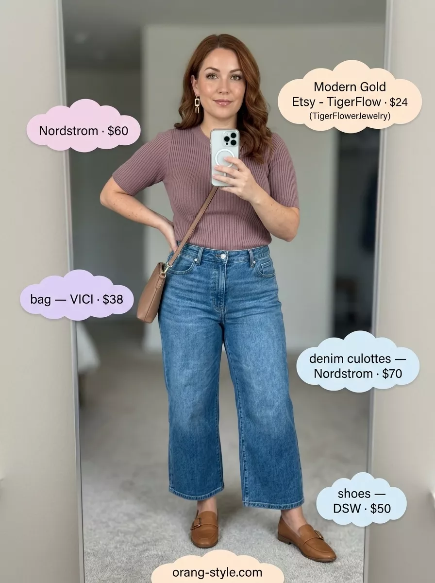 Midsize Denim Outfits Summer 2026: Artsy Afternoon Midsize denim outfits summer for women 2026: Washed black denim culottes, peach top, and cream sweater for an artsy afternoon.