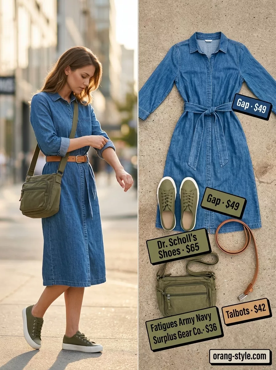 Midsize Denim Shirtdress Summer 2026: Downtown Chic Midsize denim outfits summer for women 2026: Medium wash denim shirtdress with olive green crossbody and white sneakers for chic city style.