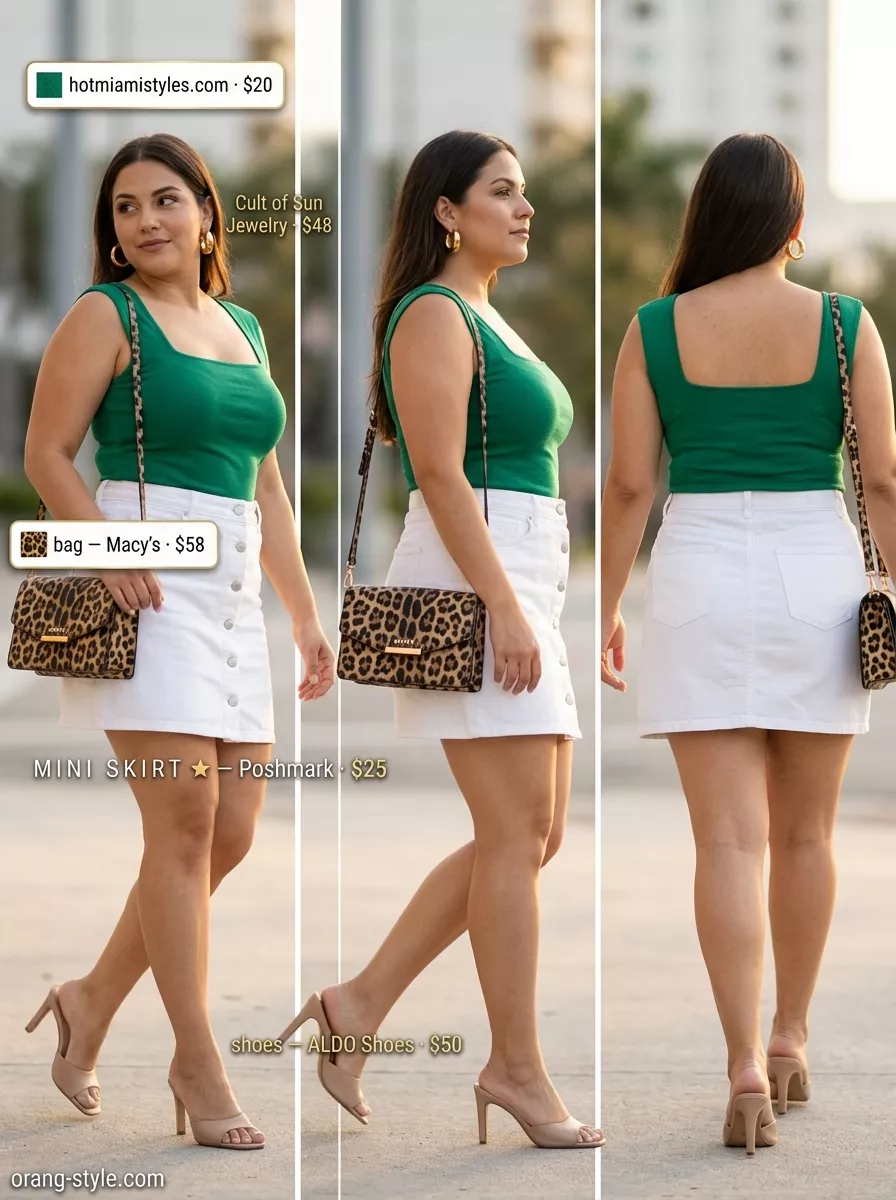 Midsize Denim Outfits Summer 2026: Retro Date Night Midsize denim outfits summer for women 2026: White denim mini skirt, emerald green top, and leopard print bag for a retro date night.