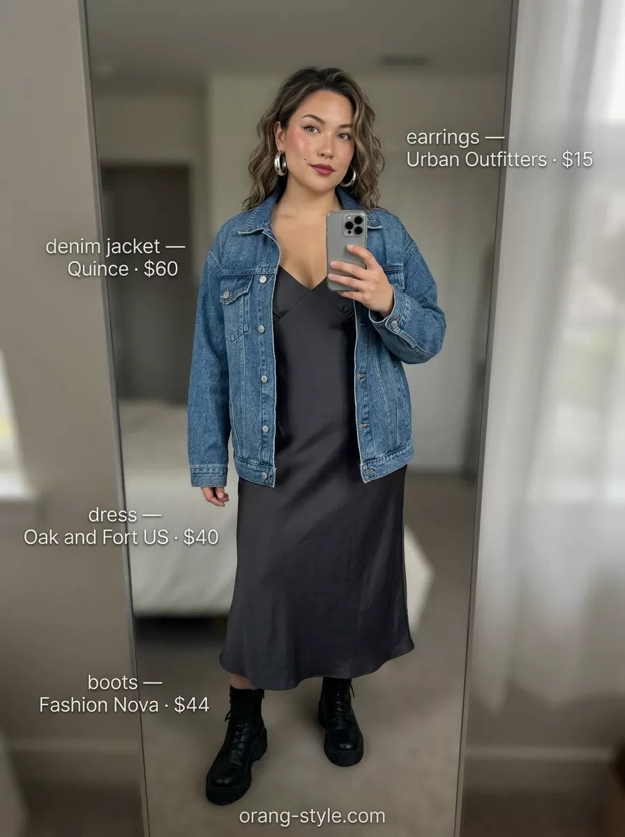 Midsize Denim Outfits Summer 2026: Urban Edge Midsize denim outfits summer for women 2026: Black denim jacket, charcoal slip dress, and combat boots for urban edge.
