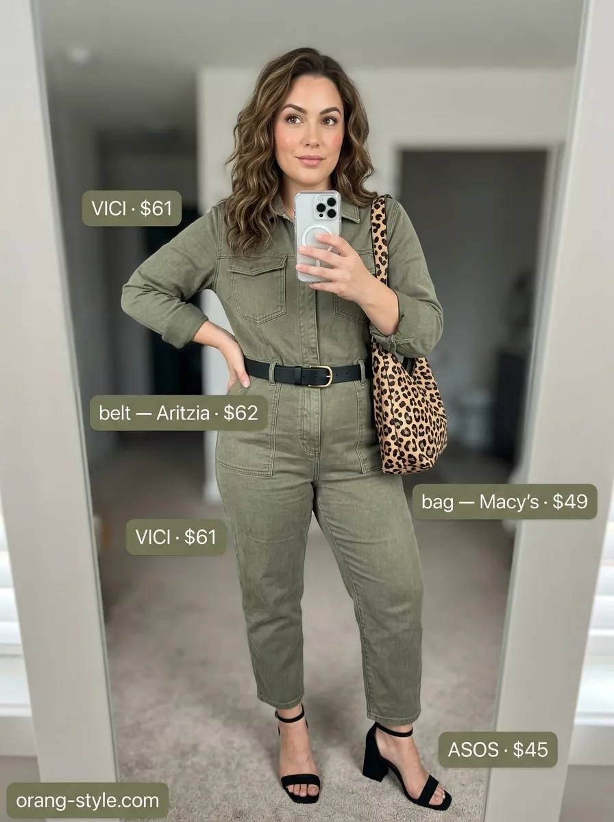Midsize Utility Jumpsuit Summer 2026: Confident Style Midsize denim outfits summer for women 2026: Khaki utility jumpsuit with black sandals, animal print bag, and gold earrings for bold style.