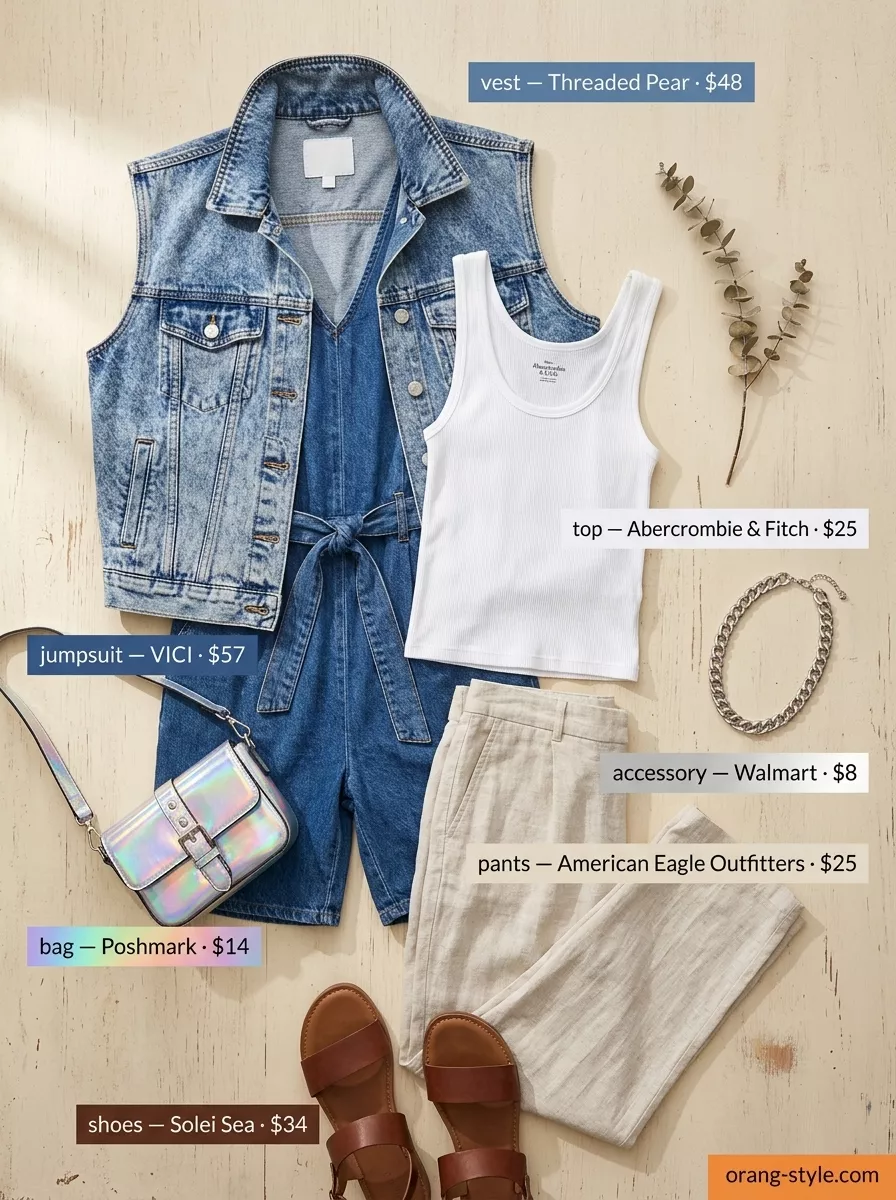Midsize denim outfits summer for women 2026: Acid wash denim vest, utility jumpsuit, and lavender pants for a festival vibe.