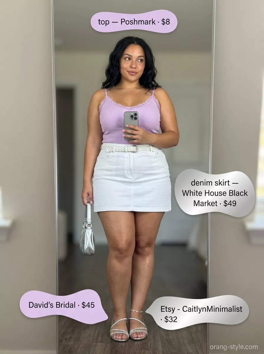Midsize White Denim Skirt Summer 2026: Lavender Dream Midsize denim outfits summer for women 2026: White denim mini skirt with lavender camisole, lilac bag, and silver anklet for a fresh look.