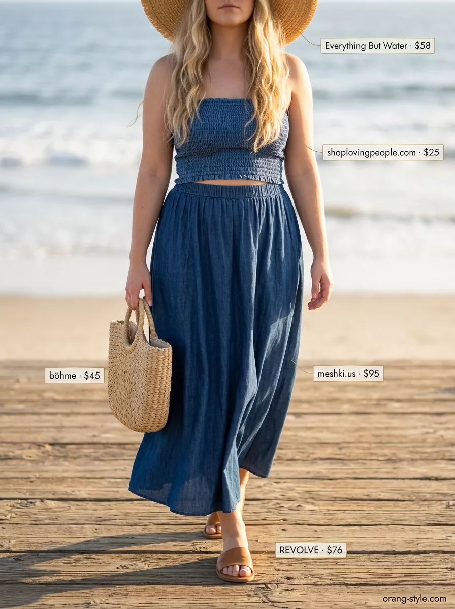 Boho Beachside: Midsize Denim Outfits Summer 2026 Midsize denim outfits summer for women 2026: Indigo denim maxi skirt, coral tube top, straw hat for boho beachside.